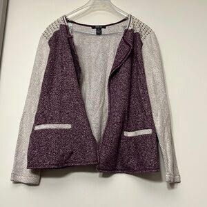 Merlot and cream open sweater with gold accent shoulders and faux pockets